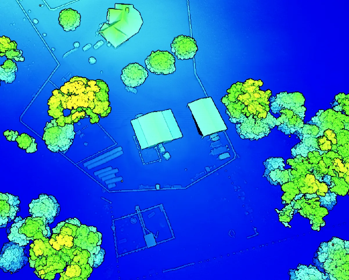 Colorized aerial LiDAR point cloud of a residential property, classified by height — blue ground and hardscape, cyan outbuildings, and tree canopy ramped from green through yellow.